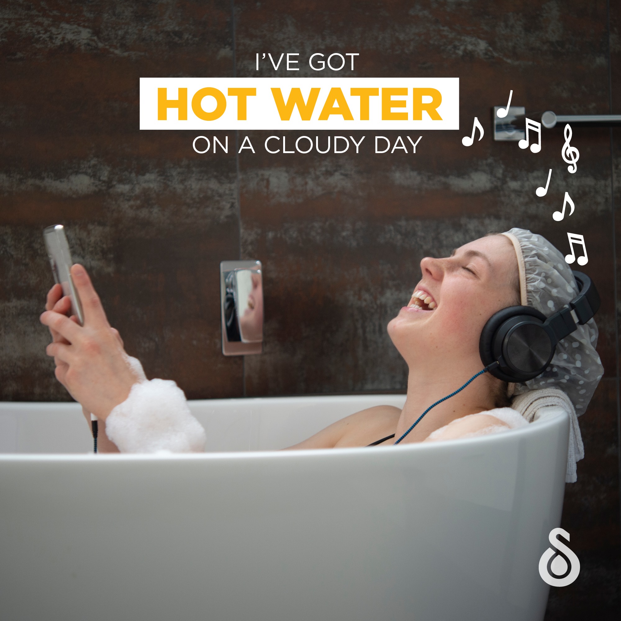 Lady listening to music in a bubble bath with the caption I've got hot water on a cloudy day.
